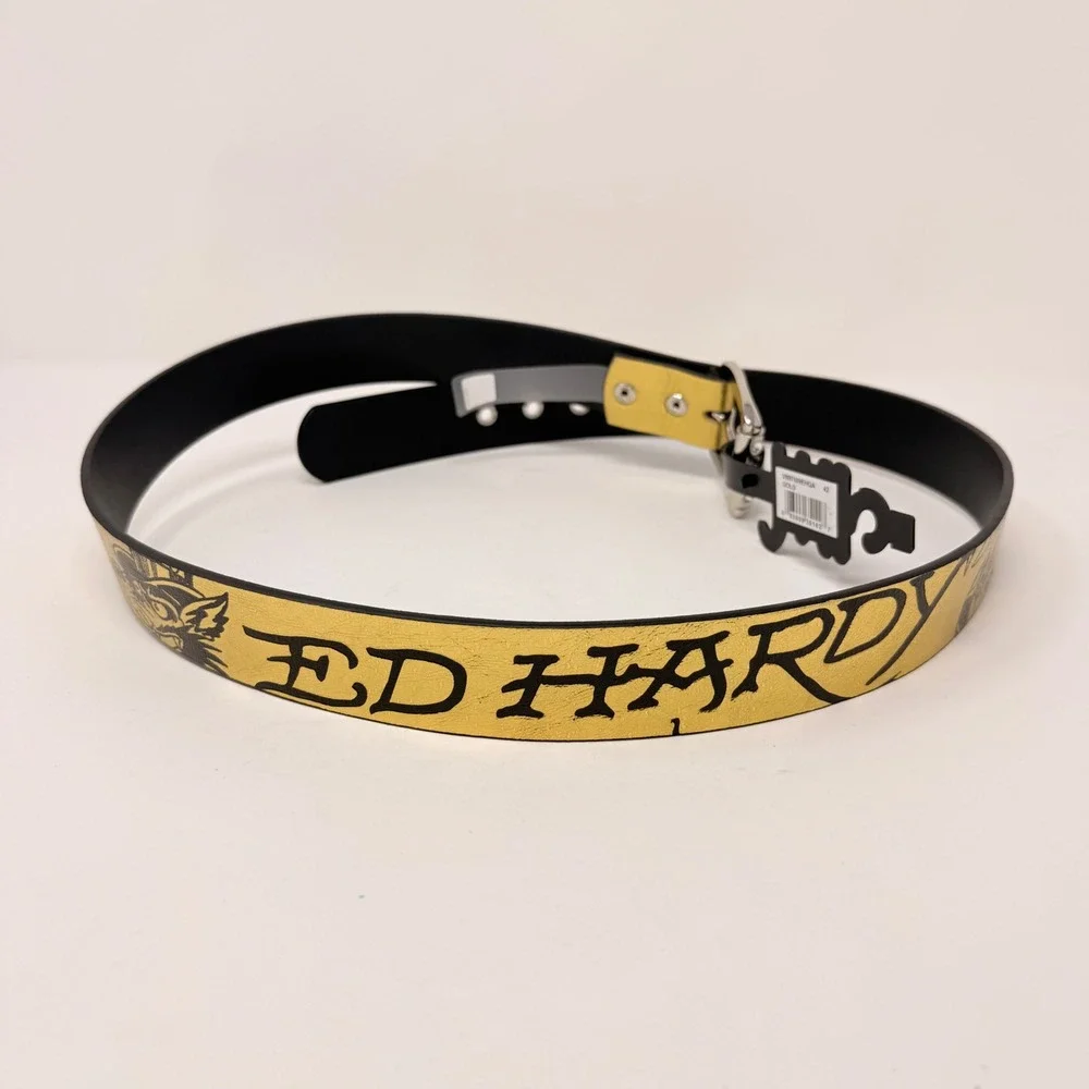 Ed Hardy Mens Metallic Gold Tiger Tattoo Graphic Belt Rhinestone Buckle 42 NEW